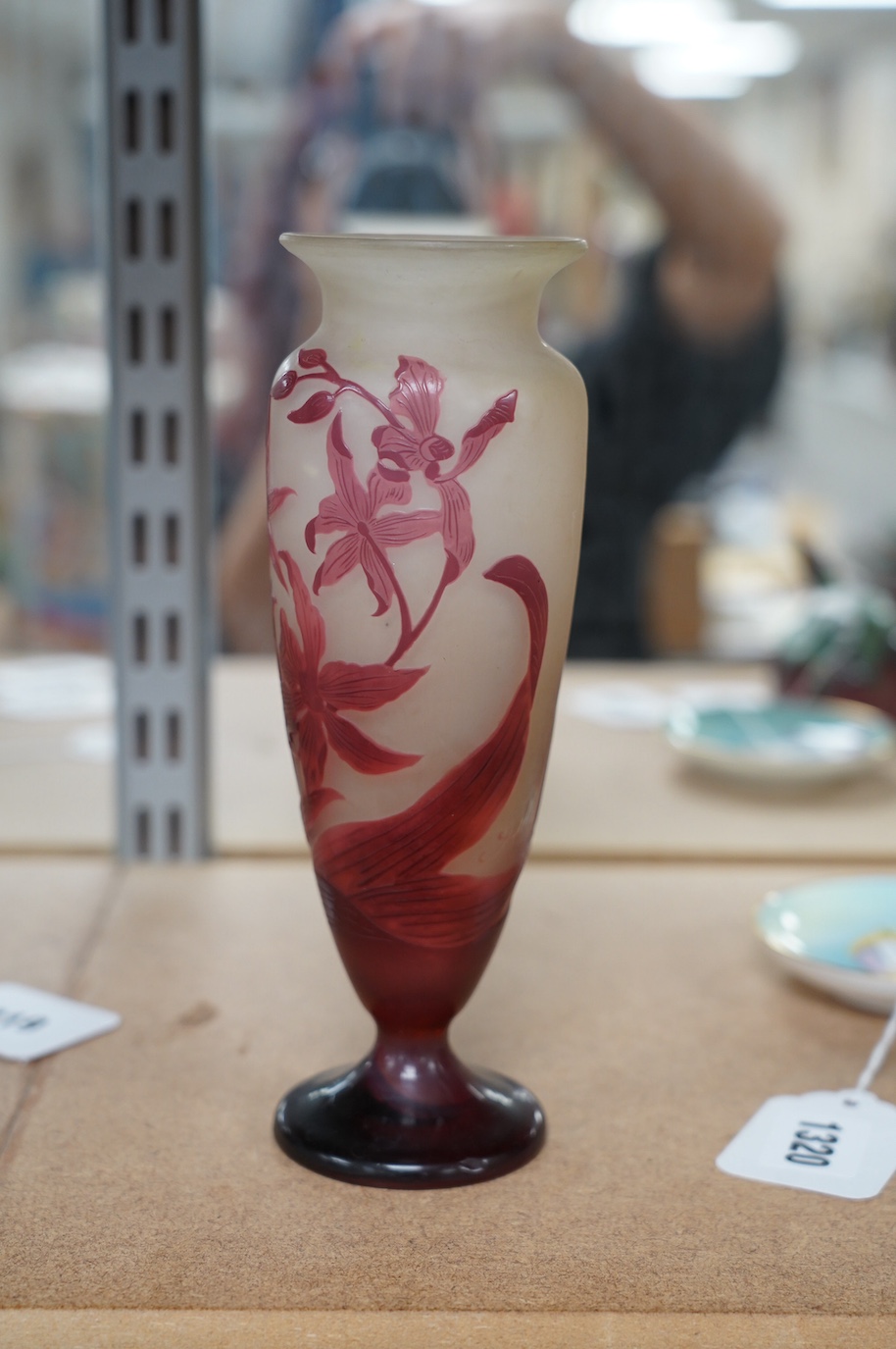 A Gallé red iris vase, 20cm high. Condition - fair to good minor scratches to base etc.